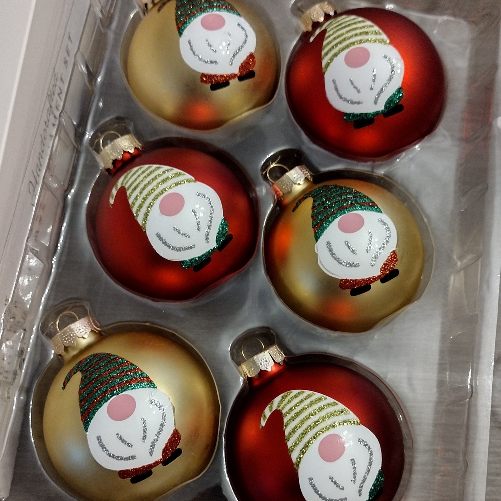 Festive Gnome Holiday Christmas Tree Ornaments Set - Red and Gold